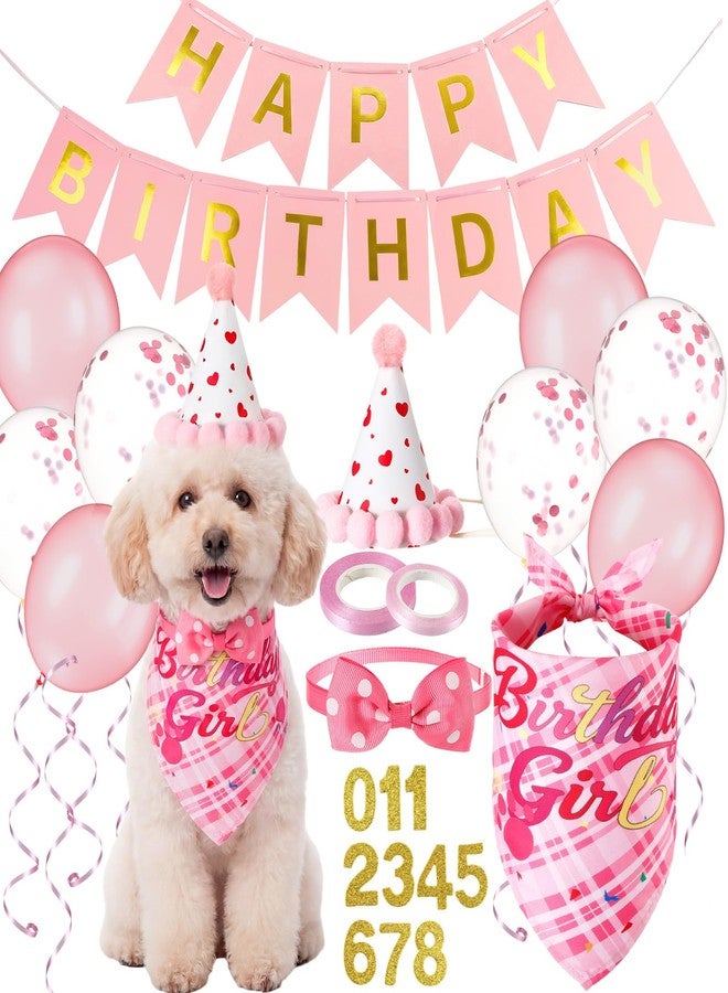 Cosblank 14 Pcs Pink Dog Birthday Party Supplies Dog Birthday Bandana Cute Set Hat Dogs Boy Birthdays Outfit with Numbers Banner Bow Tie Balloons for Small Medium Large Pet Dogs Decoration Party - Image 1